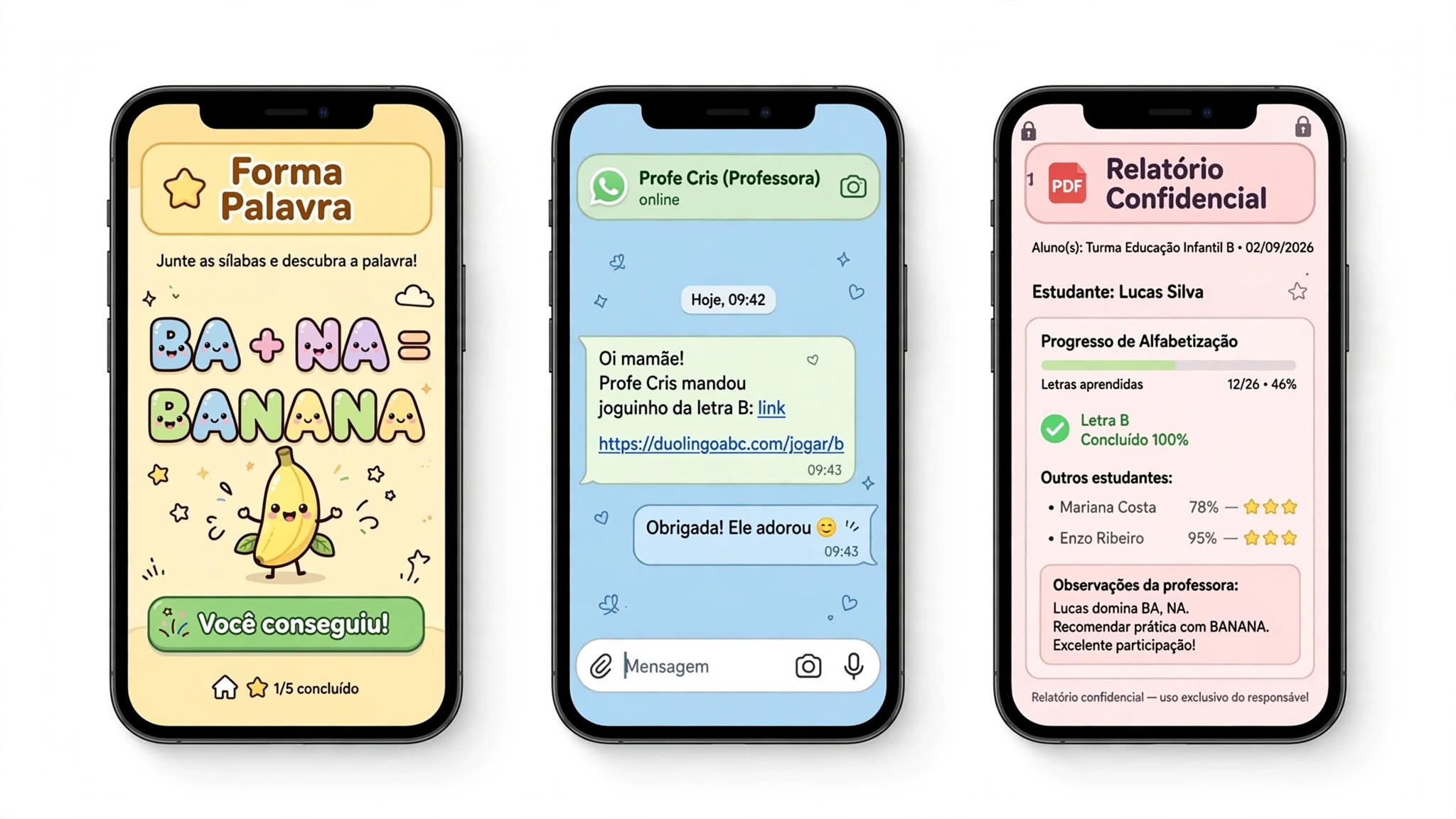 Três celulares mostrando o jogo Forma Palavra, a conversa no WhatsApp e o relatório confidencial